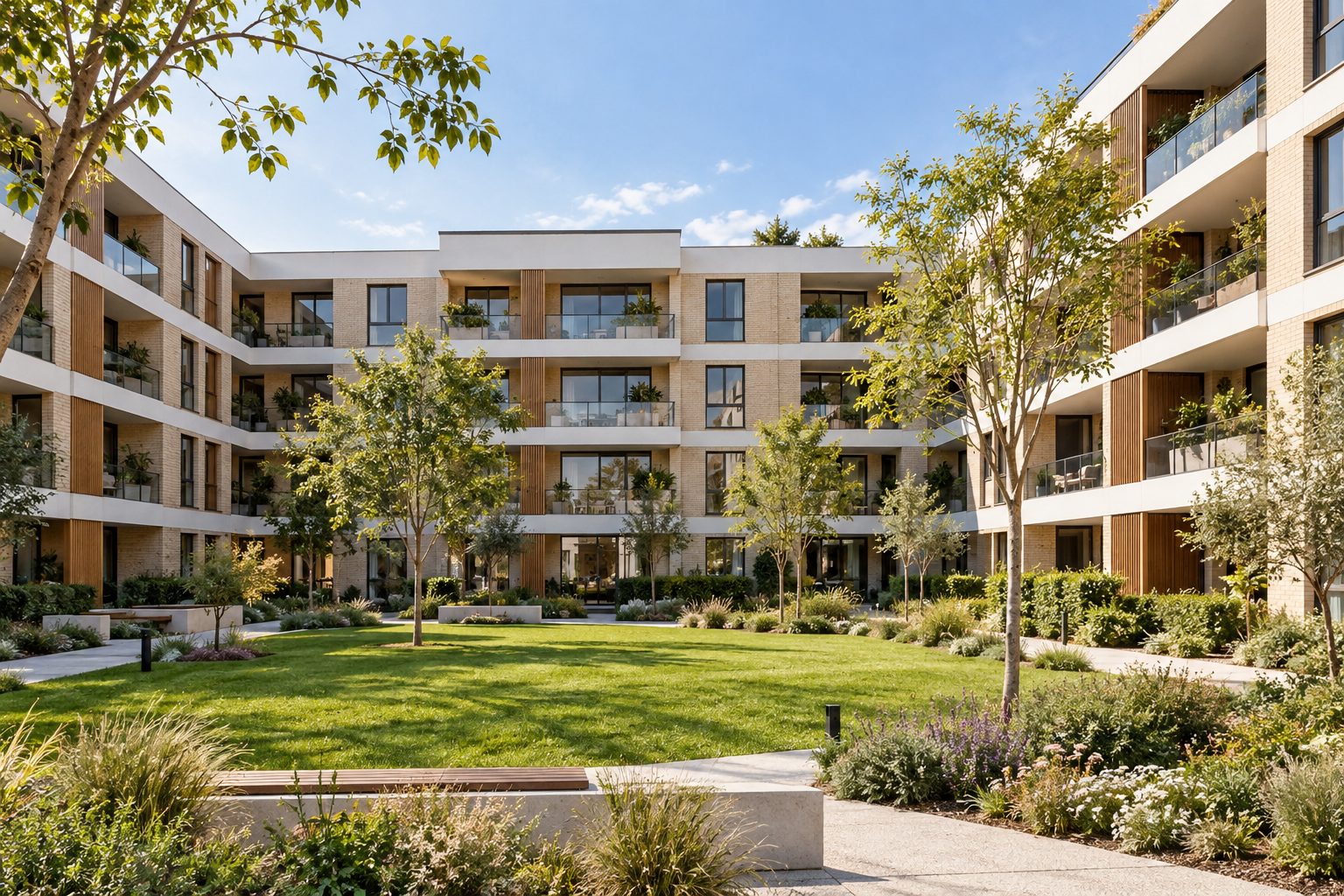 A four-storey contemporary apartment building frames a green courtyard.