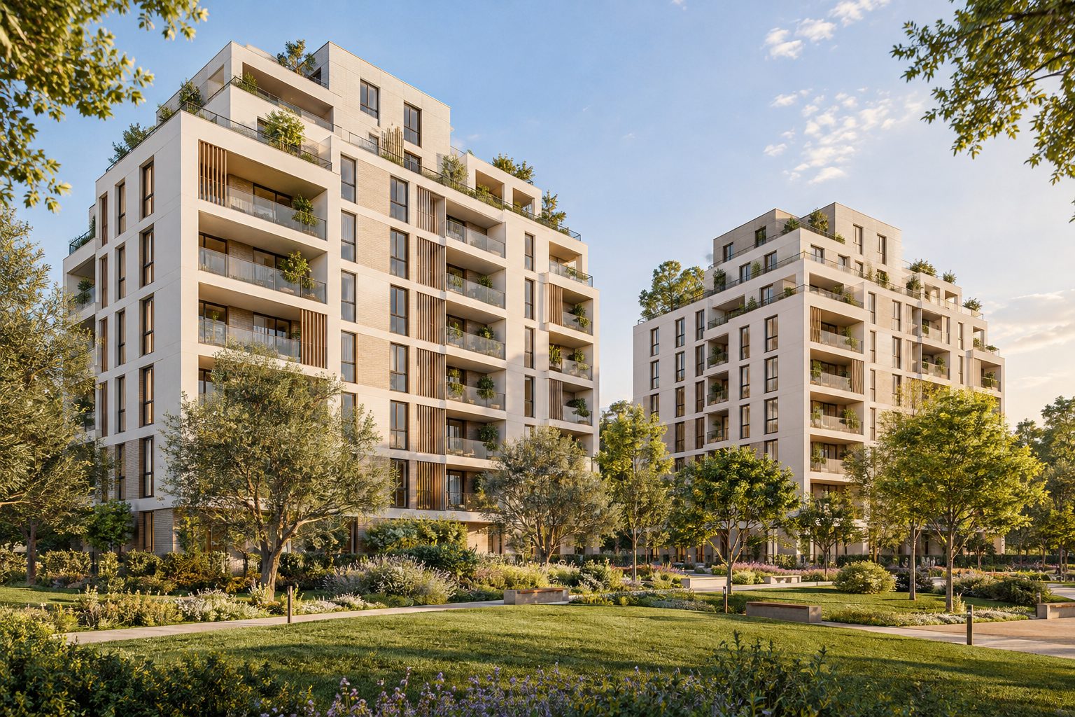Stepped contemporary apartment buildings with planted terraces overlook a generous open garden.