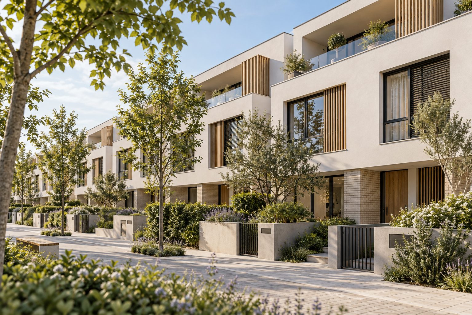 A street of contemporary townhouses with recessed terraces, timber screens and planted front yards.
